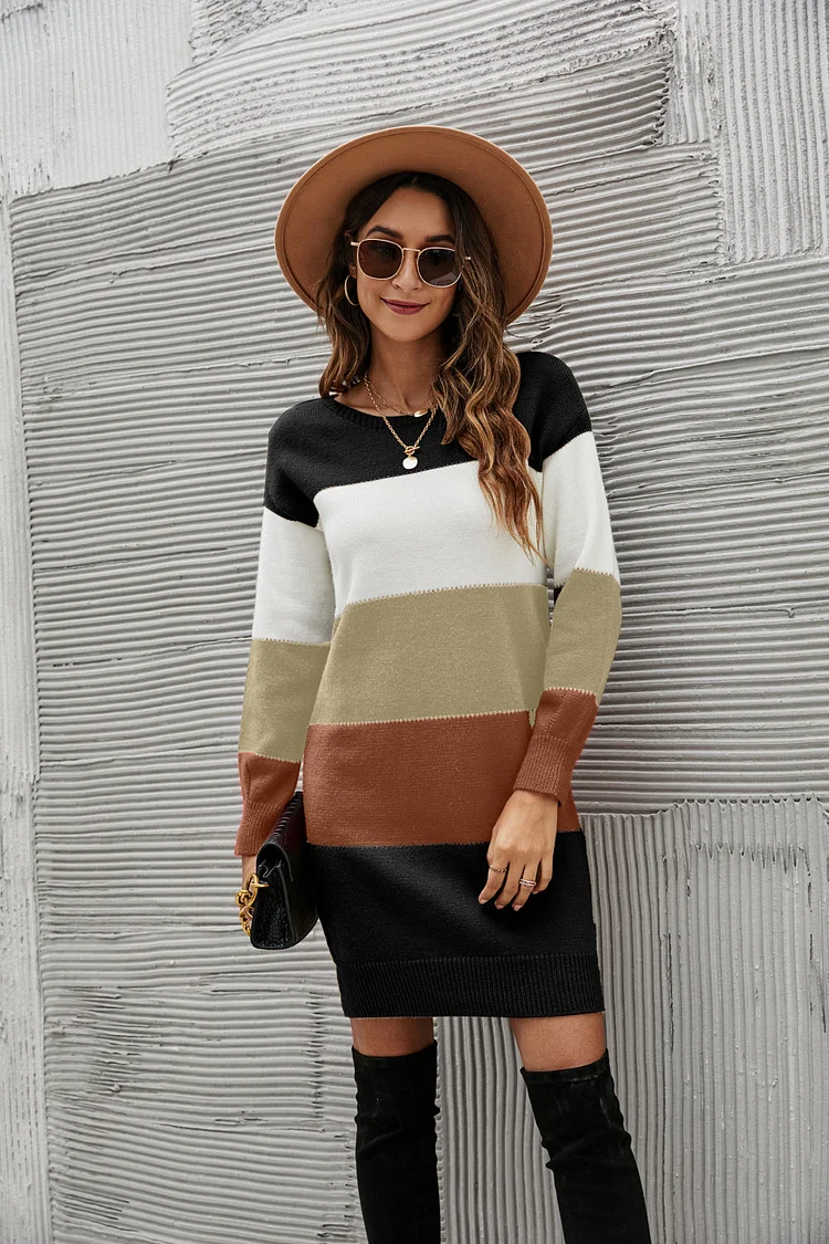 Color matching round neck women knitted sweater  Dress