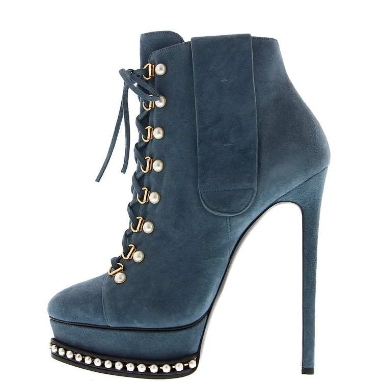 Blue Suede Pearl Ankle Boots with Platform Vdcoo