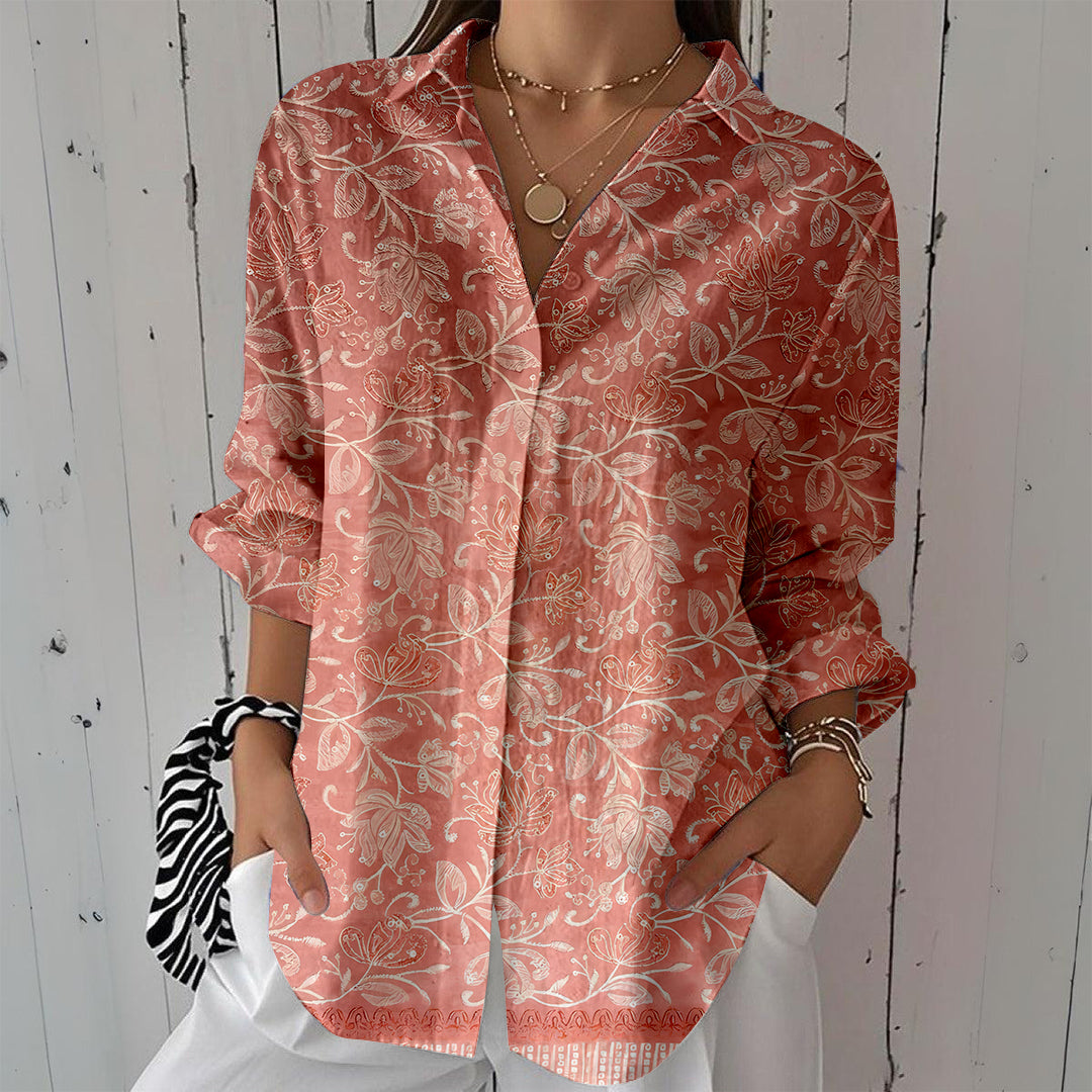 Women Long Sleeve V-neck Graphic Floral Printed Top