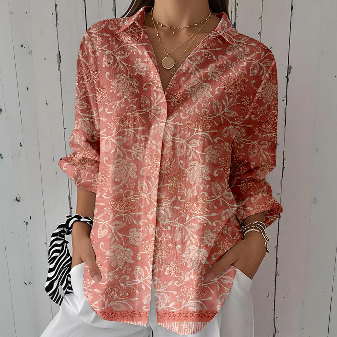 Style & Comfort for Mature Women Women Floral, Retro, Orange DZCL0444 3/4 Sleeve Shirt Collar Printed Button Tops