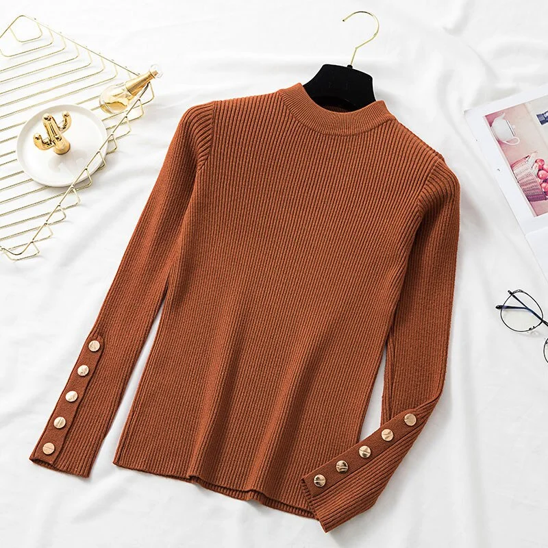Women Pullover Sweater 2020 Winter Clothes Women Ribbed O-Neck Buttoned Long Sleeve Solid Casual Slim Knit Top Ladies Sweaters