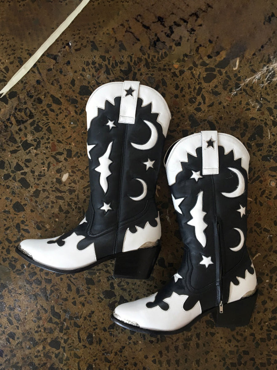 Black Snip Toe Chunky Heel Western Boots for Women with Metal Accents