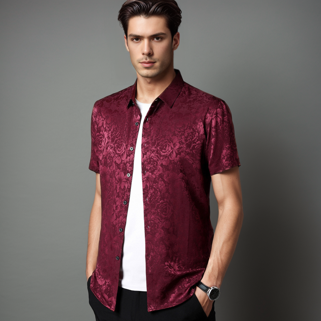 No-Iron Wrinkle-Free Men's Short Sleeves Silk Shirts Floral Printed REAL SILK LIFE