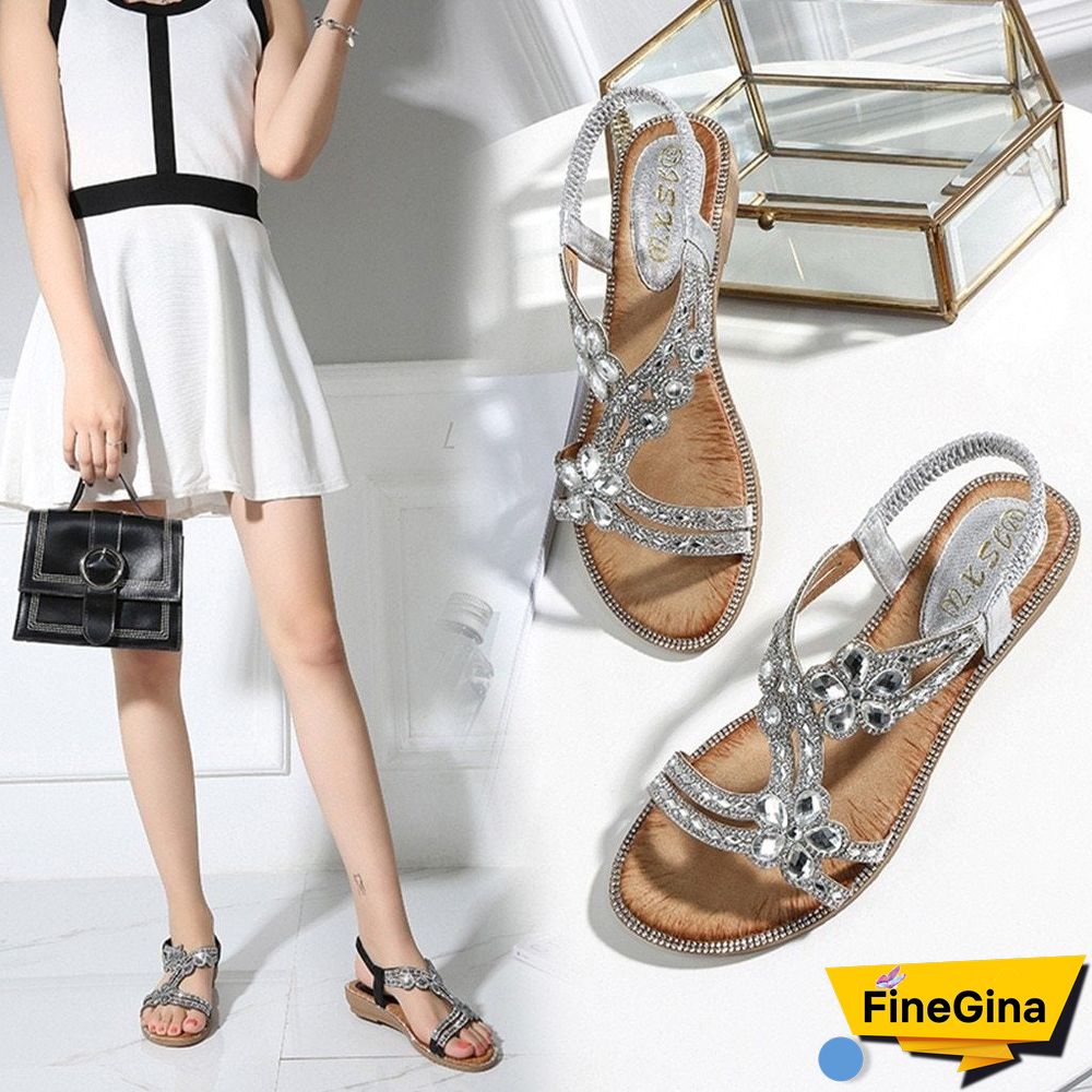 Women Bohemia Style Flats Sandals&nbsp;Bling Flower Crystal Beach Sandals Shoes