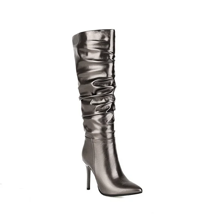 Sexy Metallic Slouch Knee High Boots Pointed Toe Stiletto Heels Boots For Winter Party Radinnoo.com