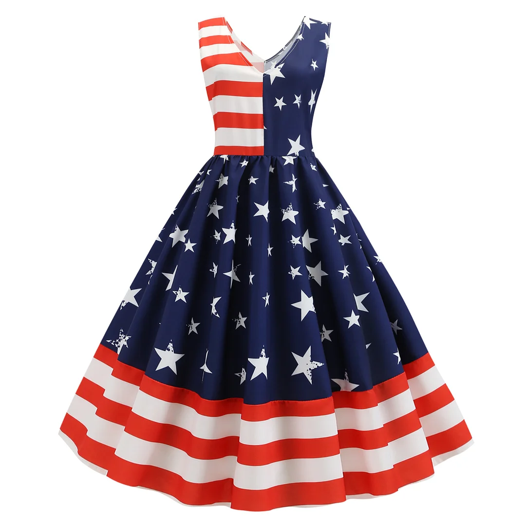 Hepburn Dress V Back American Flag Patchwork 1950s Dress