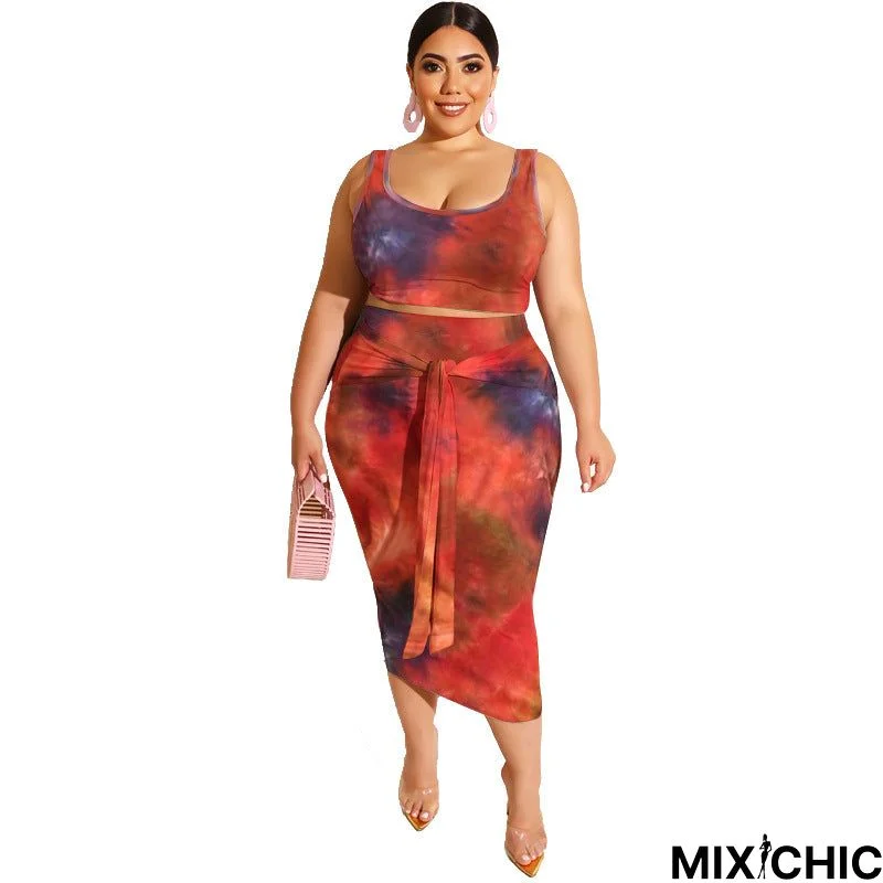 Summer Temperament Commute Tie-dye Printing Skinny Fashion Casual Large Size Women's Two-piece Set