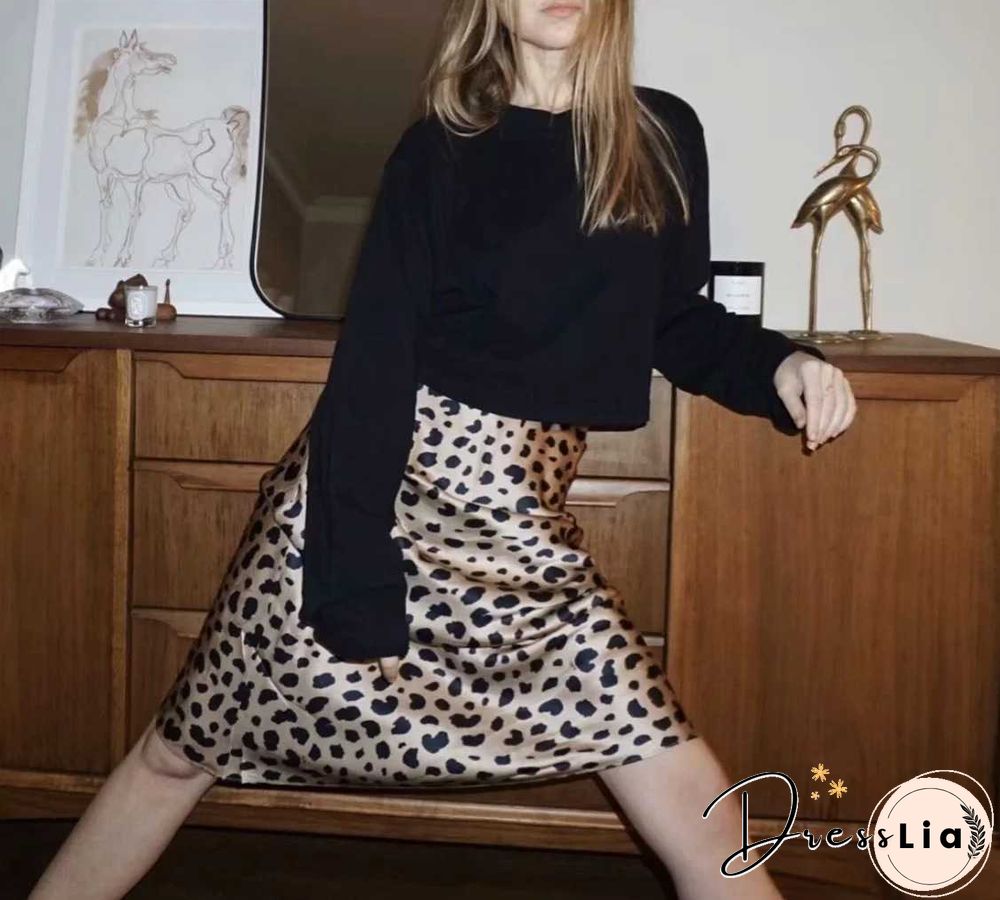 Retro Elastic Band High Waisted Leopard Print Satin Midi Skirt