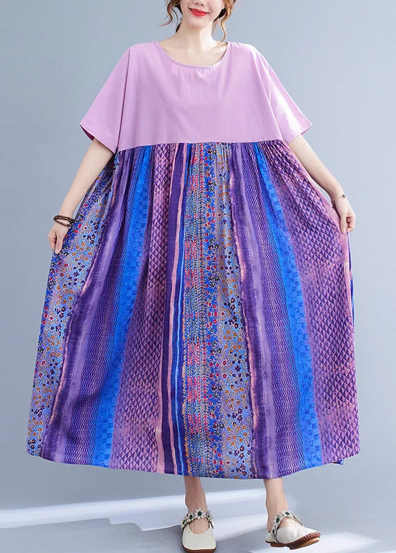 Plus Size Llight Purple Patchwork Print Maxi Dress Summer