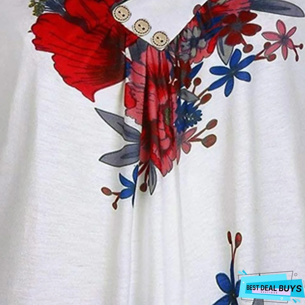 Plus Size Women Tunic Shirt Floral Print V-neck Blouses and Tops