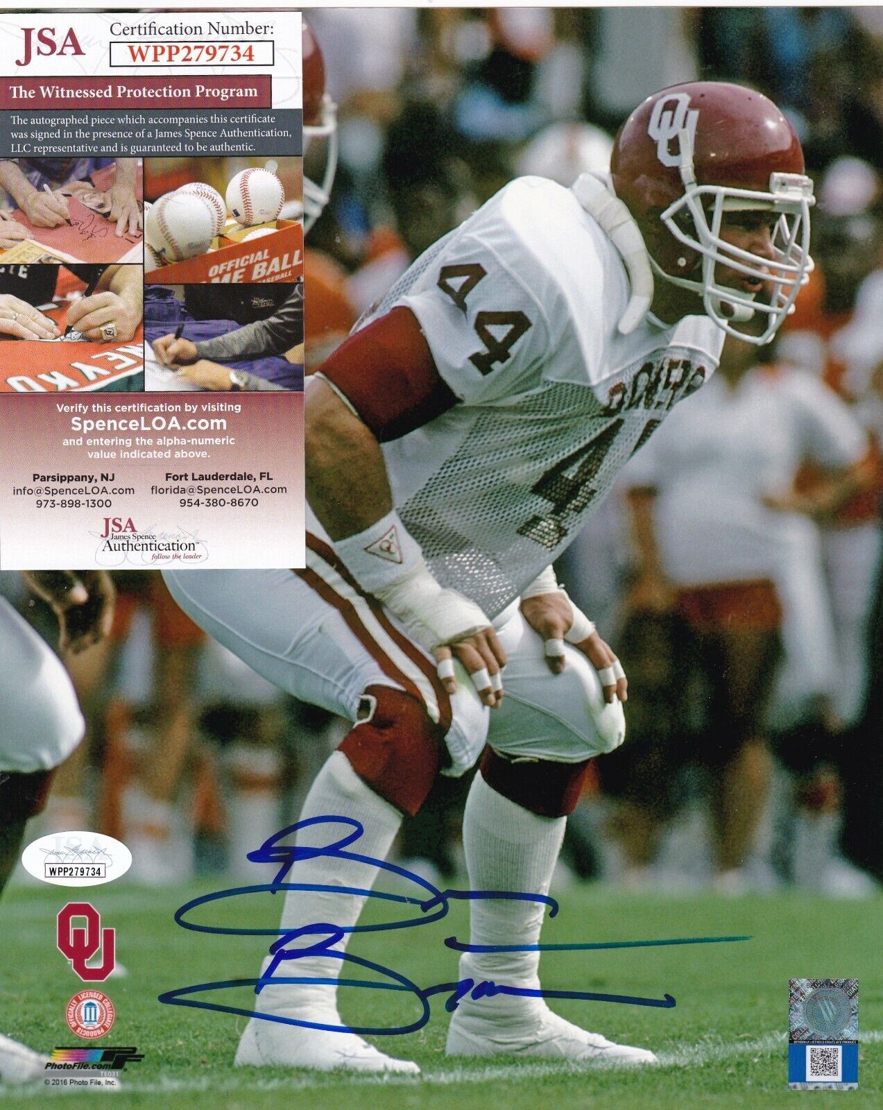 BRIAN BOSWORTH OKLAHOMA SOONERS JSA AUTHENITCATED ACTION SIGNED 8x10