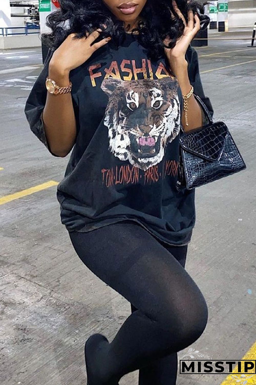 Black Casual Street Print Patchwork O Neck T-Shirts