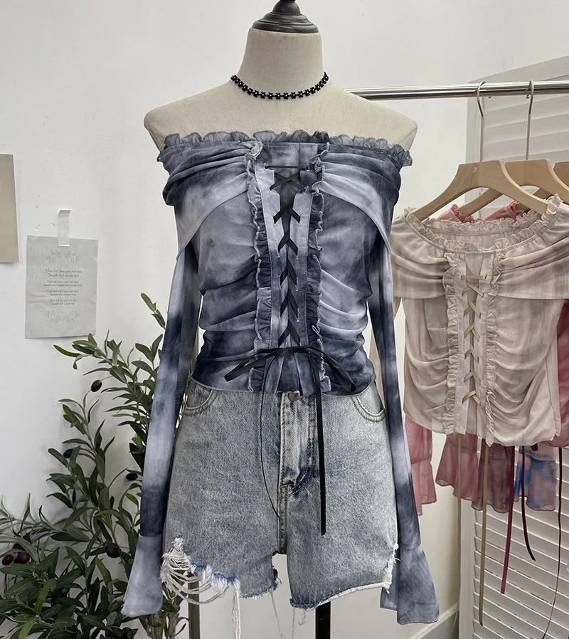 Uveng Vintage Dizzying Rope Tie To Close The Waist Umbilked Short Shoulder Horn Horn Long-Sleeved Top 2592