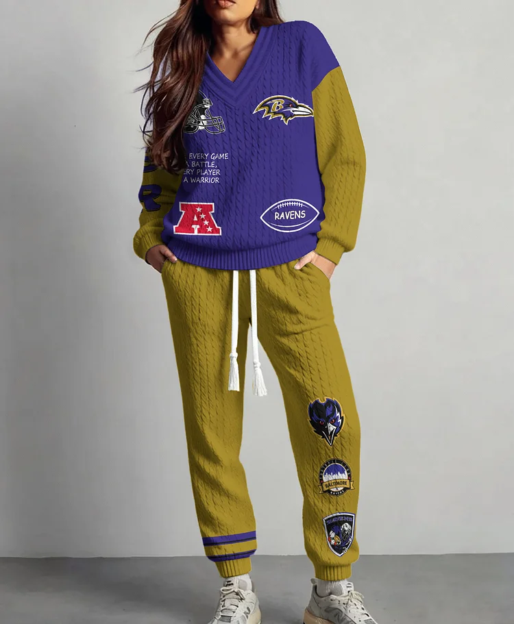Baltimore Ravens  Classic All-Season Long Sleeve V-Neck Pullover Sweater & Pants Set