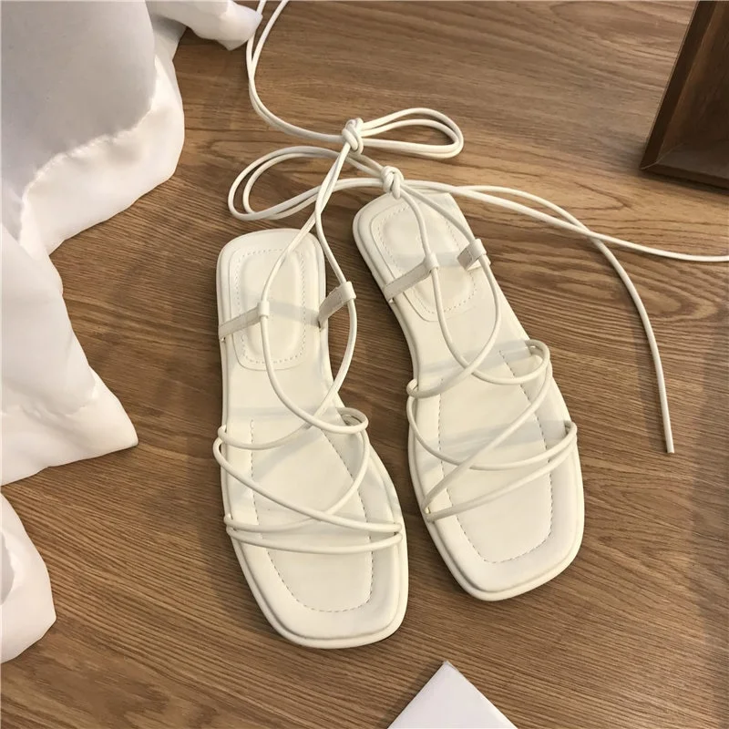 Qengg MCCKLE Women Summer Sandals Square Toe Pu Leather Ankle Strap Ladies Flat Beach Shoes 2022 Fashion Rome Cross-Tie Female Sandal