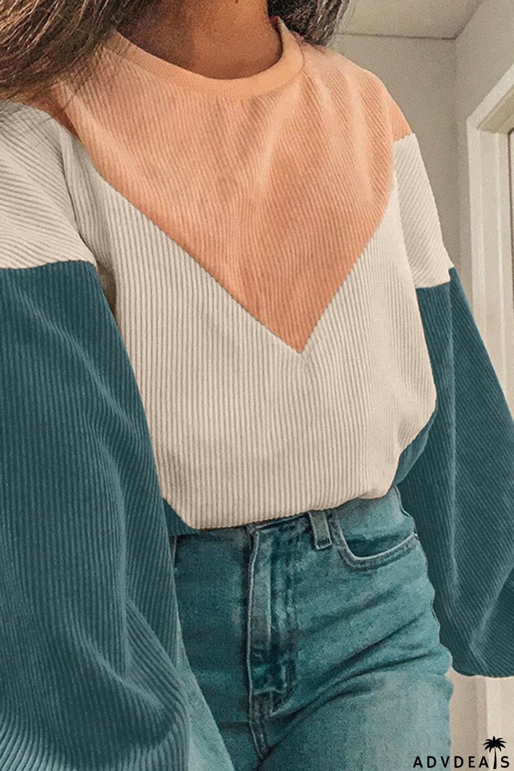 Colorblock Balloon Sleeve Corduroy Sweatshirt