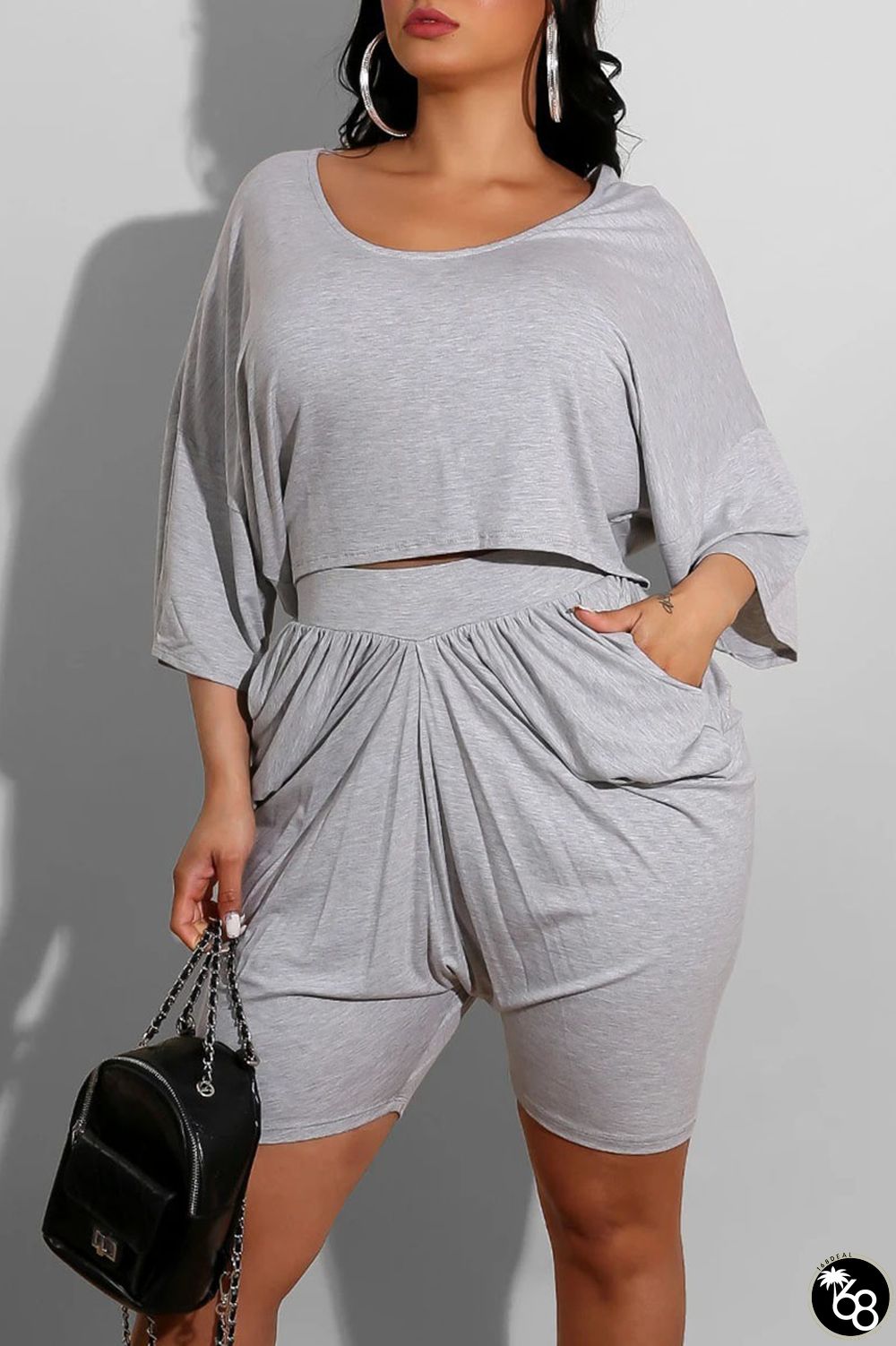 Grey Casual Solid Patchwork Fold O Neck Half Sleeve Two Pieces | 168DEAL