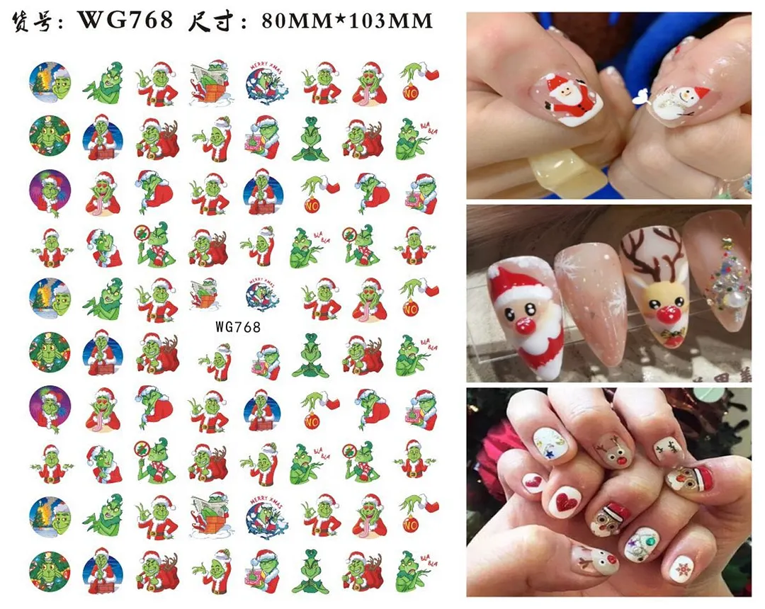 3D Christmas Nail Art Sticker For Kids Tattoo Manicure Accessories Snow Man Gift Tree Deers Santa Claus Slider Nail Decals Decor-Nail Inspo
