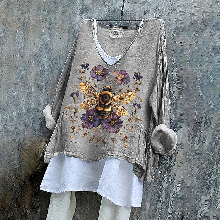 Comstylish Vintage Floral Bee Farmer Cozy Linen Blend Shirt
