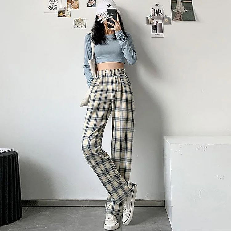 Baggy Straight Checked Pants