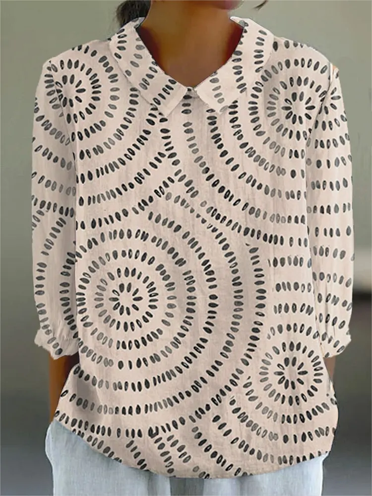 Women's Vintage Abstract Geometric Art Print Casual Cotton And Linen 3/4 Sleeve Shirt