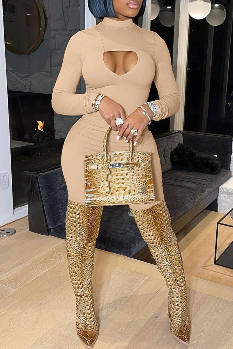 Fashion Casual Solid Hollowed Out Half A Turtleneck Skinny Jumpsuits