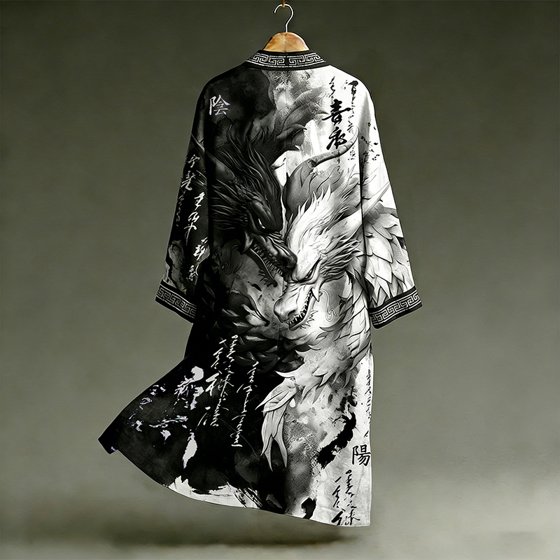 Retro Dragon With Calligraphy Pattern Contrast Color Design Casual Kimono  artssus