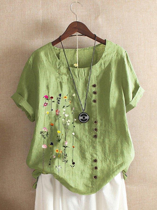Vintage Short Sleeve Floral Printed Crew Neck Plus Size Casual Tops
