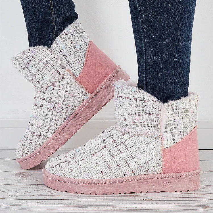 Plaid Design Slip On Ankle Boots Winter Thermal Snow Short Booties