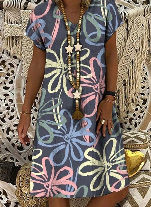 Casual Floral Tunic V-Neckline Shift Dress