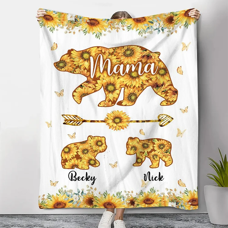 Personalised 2 Names Blanket Sunflowers Bears Family Blanket Mother's Day Gift for Mama