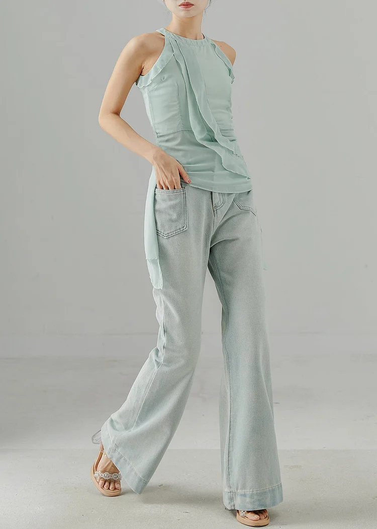 Modern Light Blue Pockets Denim Flared Trousers Pants Spring
