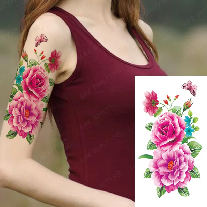 Sdrawing Transfer Pink Henna Rose Flower Temporary Tattoo Sticker Butterfly Pattern Body Art Waterproof Fake Woman's Flash Tattoo