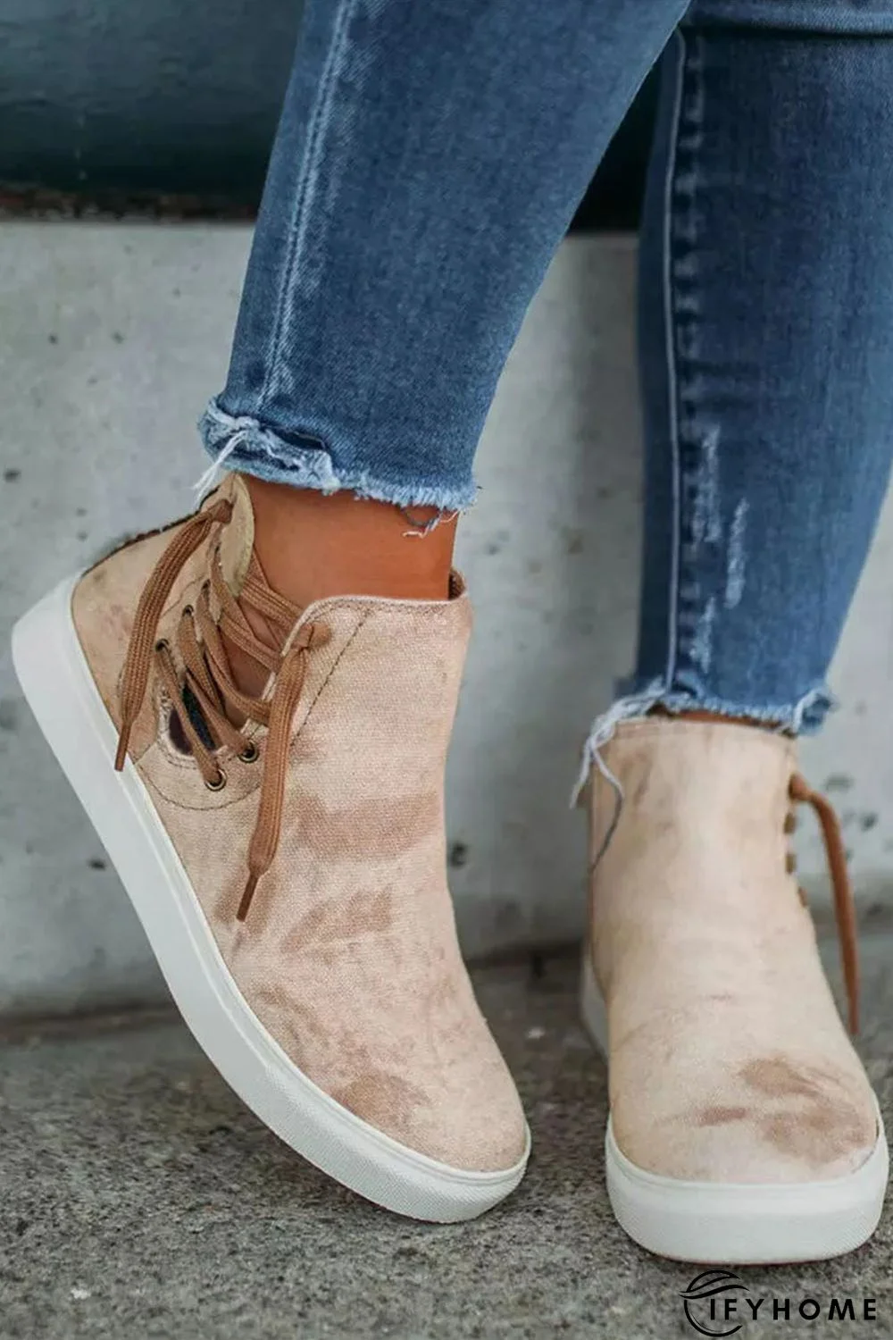 Beige High Top Drawstring Zipped Slip-on Sneakers | IFYHOME