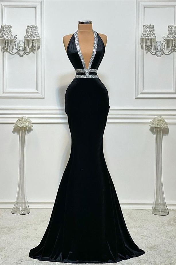 Bellasprom Black Halter Sleeveless Mermaid Prom Dress With Sequins Online Bellasprom