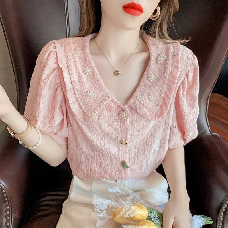 Vintage Short Puff Sleeve Summer Blouses Blusas Korean Beading Peter Pan Collar Shirts Women Tops Loose Kawaii Clothing 15132