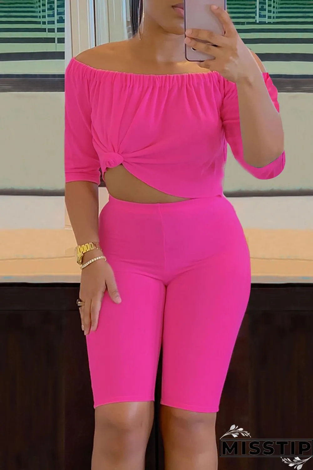 Pink Casual Solid Patchwork Off the Shoulder Three Quarter Two Pieces