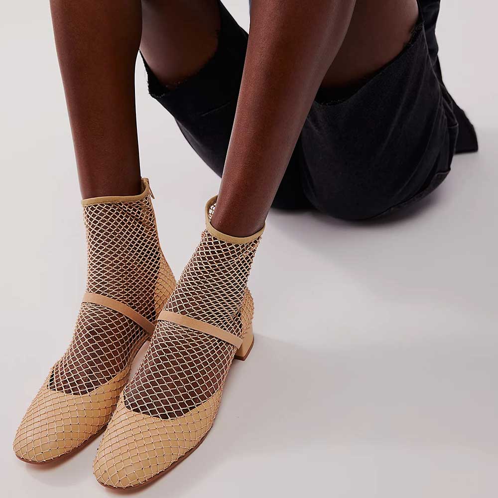 Beige Fishnet Round Toe Block Heel Back-Zip Ankle Boots Nicepairs