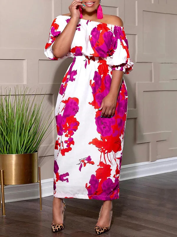 Elasticity Flower Print Half Sleeves High Waisted Off-The-Shoulder Maxi Dresses