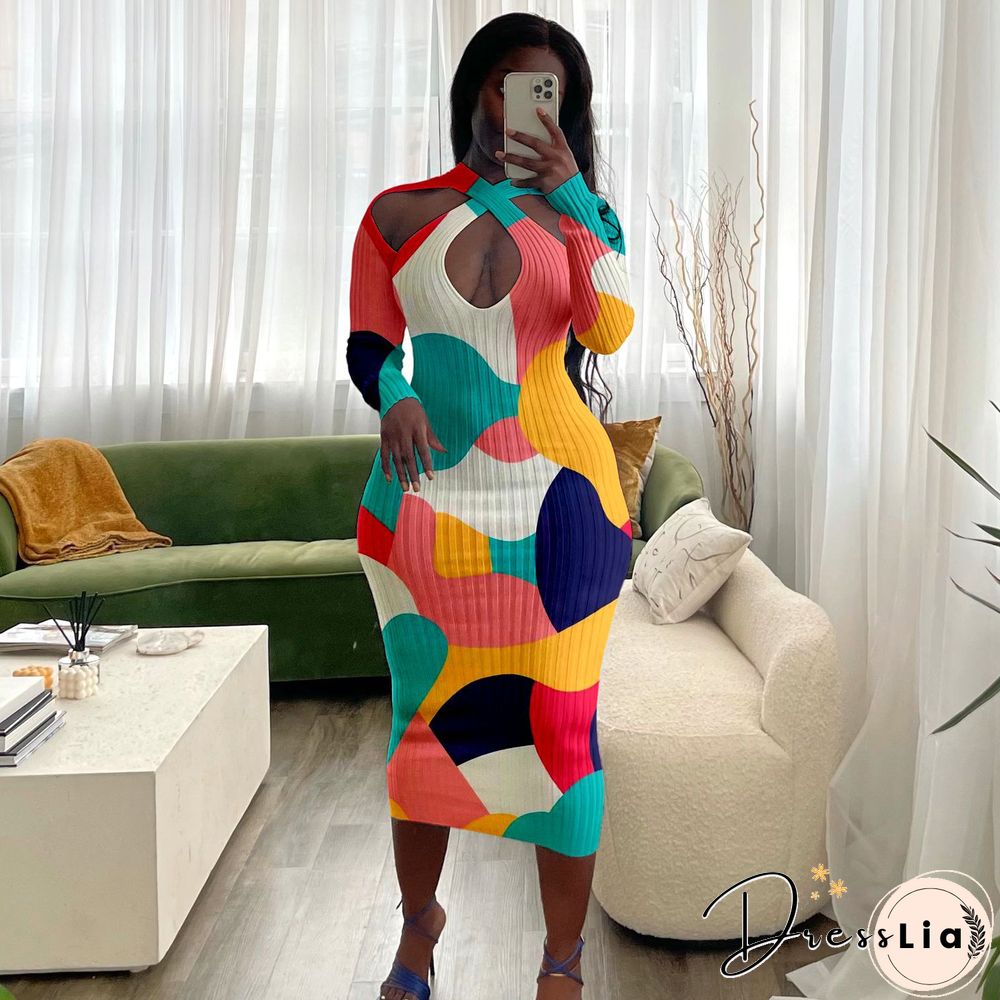 Long Colored Autumn Dress With Long Sleeves Pit Strips