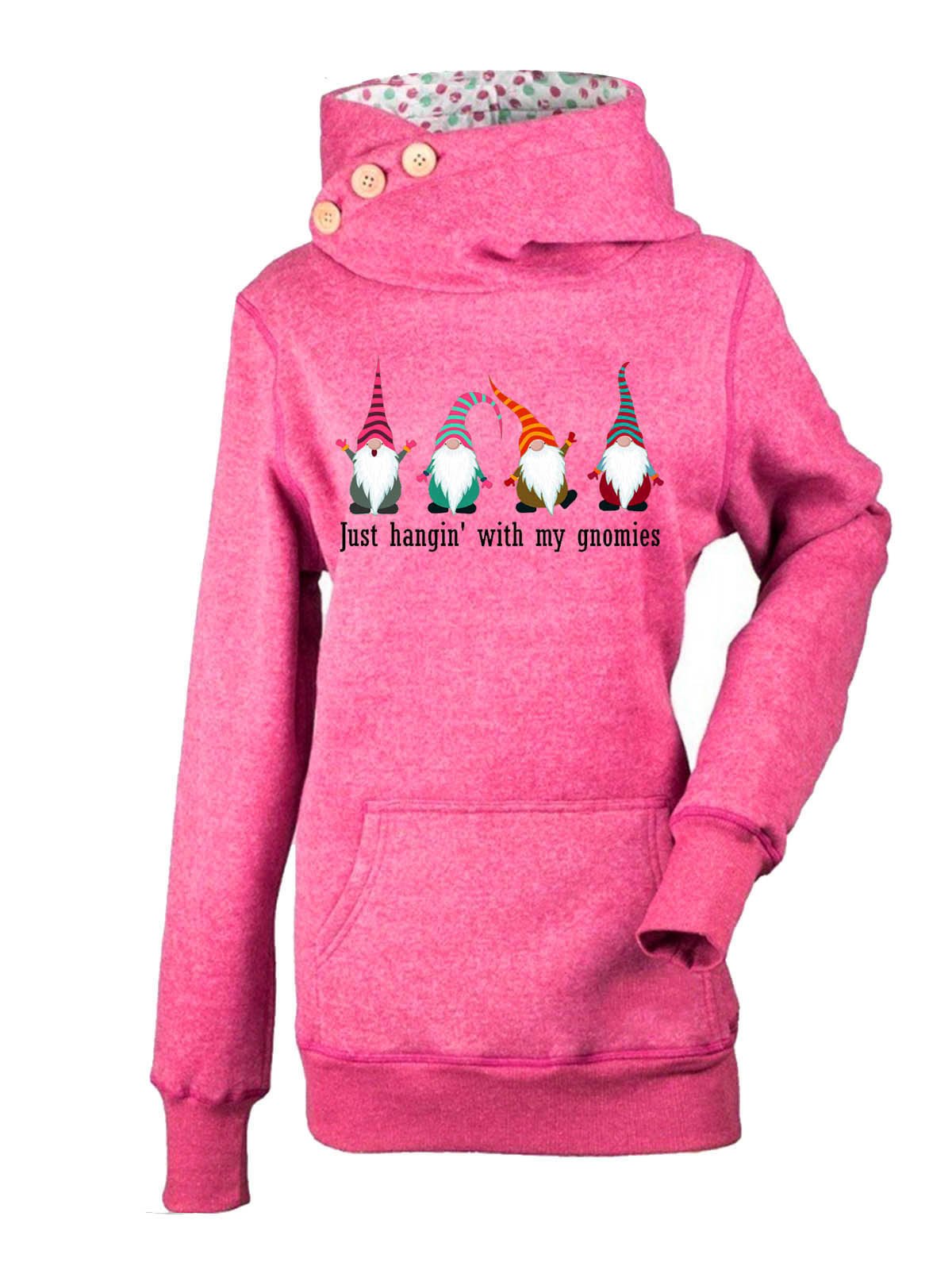 Women's Long Sleeve Turtle Neck Graphic Printed Pockets Hooded Top
