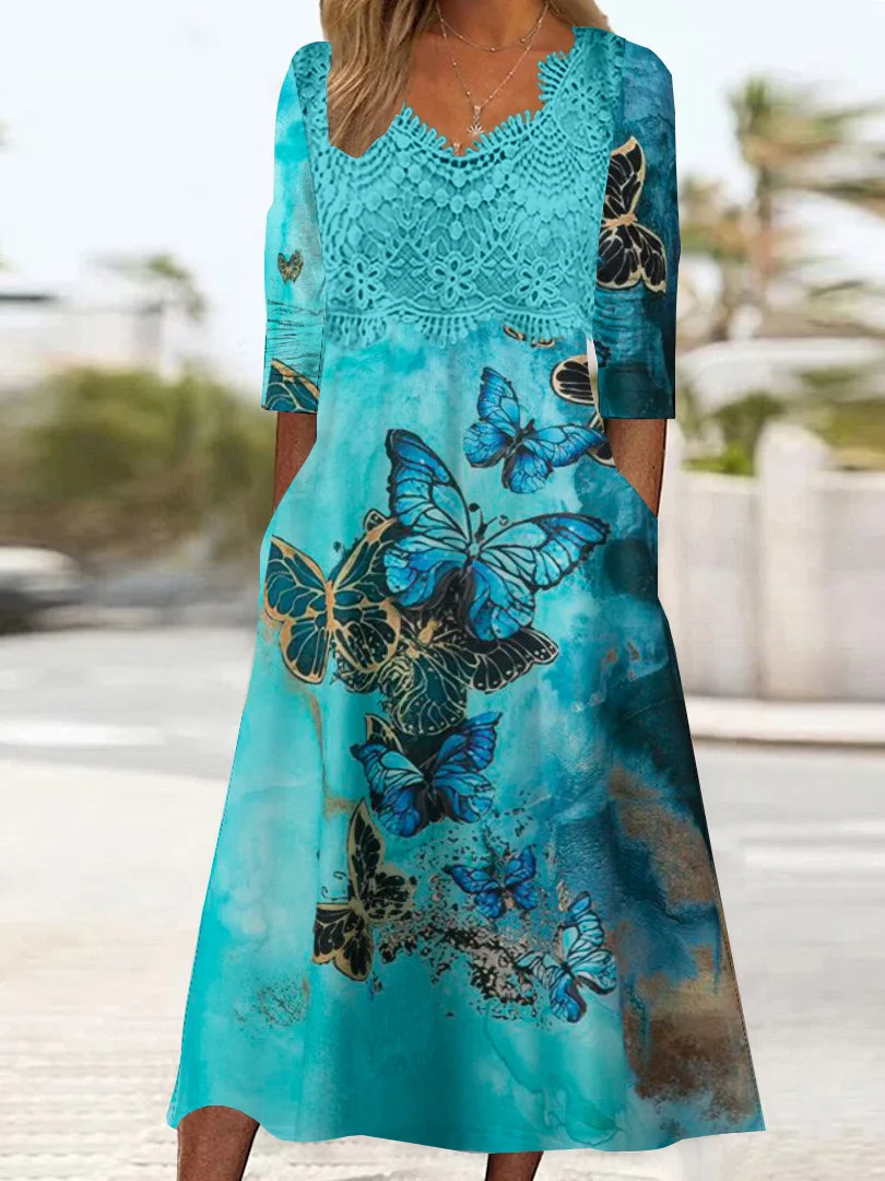 Women's Long Sleeve V-neck Graphic Printed Lace Stitching Midi Dress