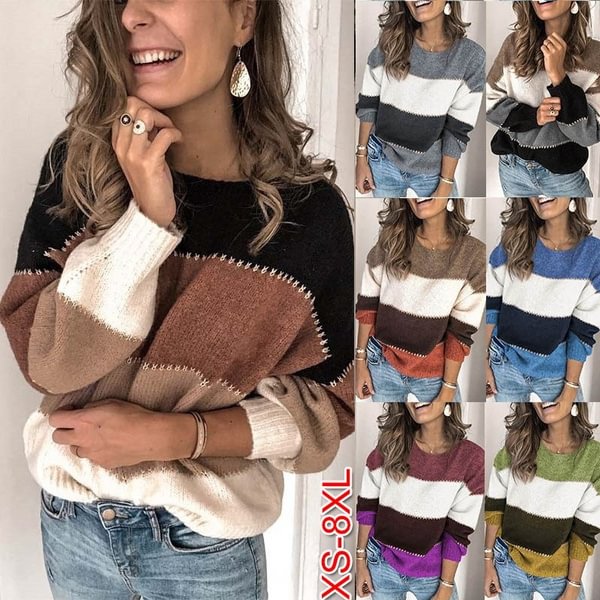 Autumn Winter Plus Size XS-8XL Ladies Casual Sweater Fashion Women Loose Striped Round Neck Long Sleeve Sweater Multicolor Stitching Knitted Sweater Top - Shop Trendy Women's Fashion | TeeYours