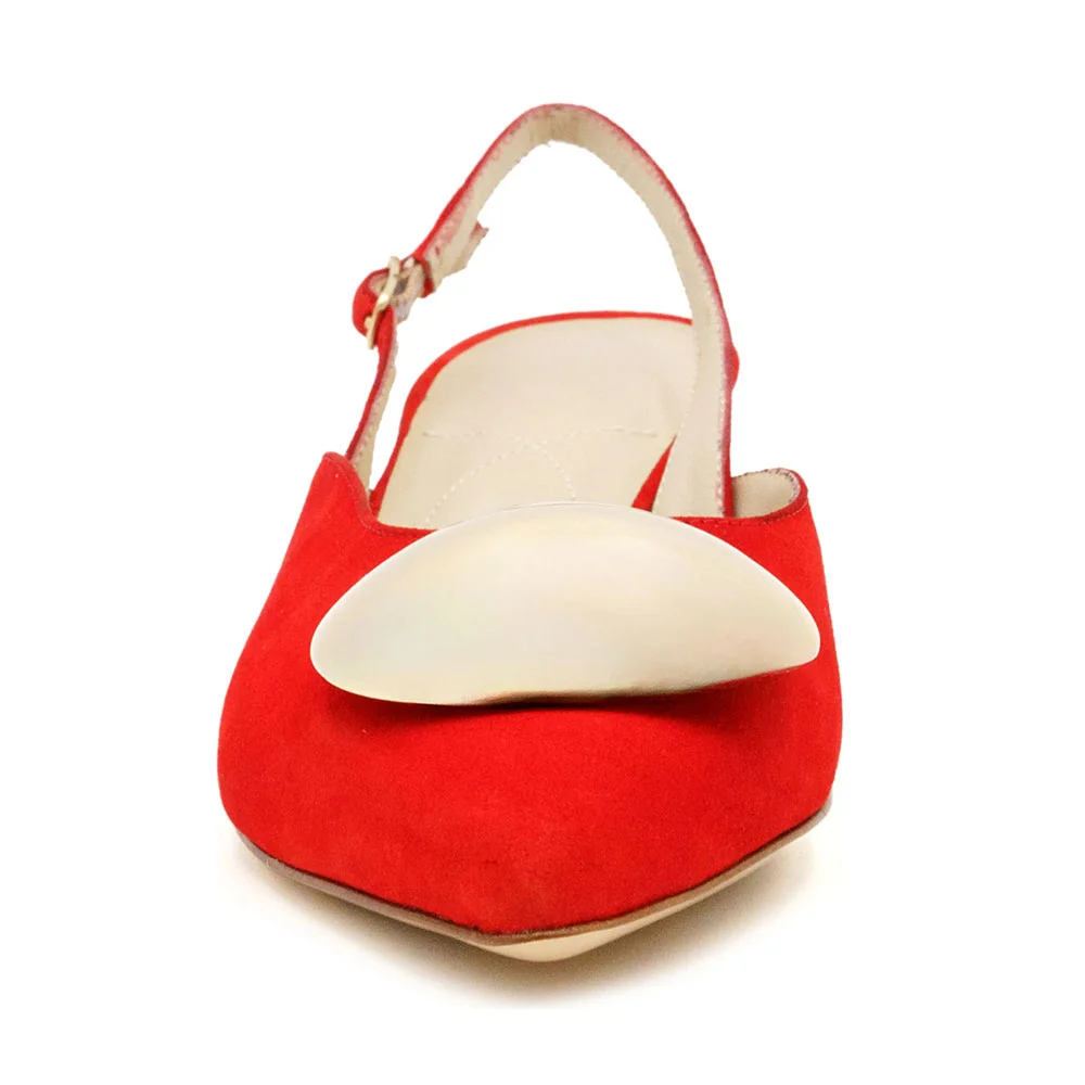 Pointed Toe Low Heel Buckled Slingback Red Pumps with Gold Detail