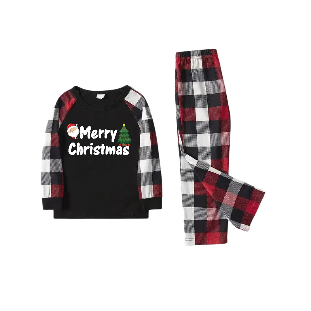 Cute 2024 and Santa Claus Prints Red & Black & Grey & White Plaid Family Matching Pajamas