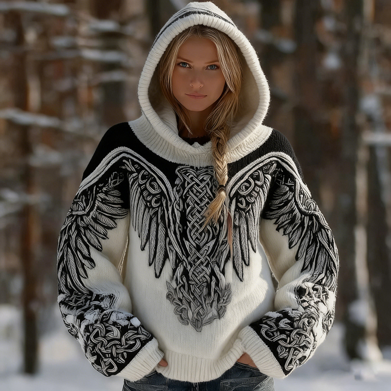 Vintage Viking Wings Cozy Knit Hooded Sweater elevenforest
