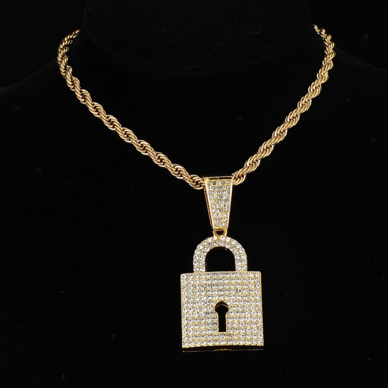 Hip-hop Lock Stainless Steel Alloy Inlay Rhinestones Unisex Pendant Necklace