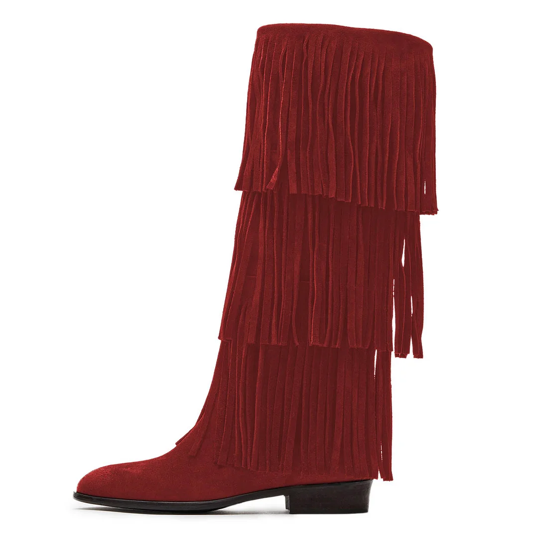 Red Vegan Suede Round Toe Fringe Flat Pull On Mid-Calf Boots