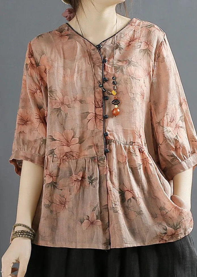 Retro Pink V Neck Print Wrinkled Patchwork Linen Shirt Top Summer