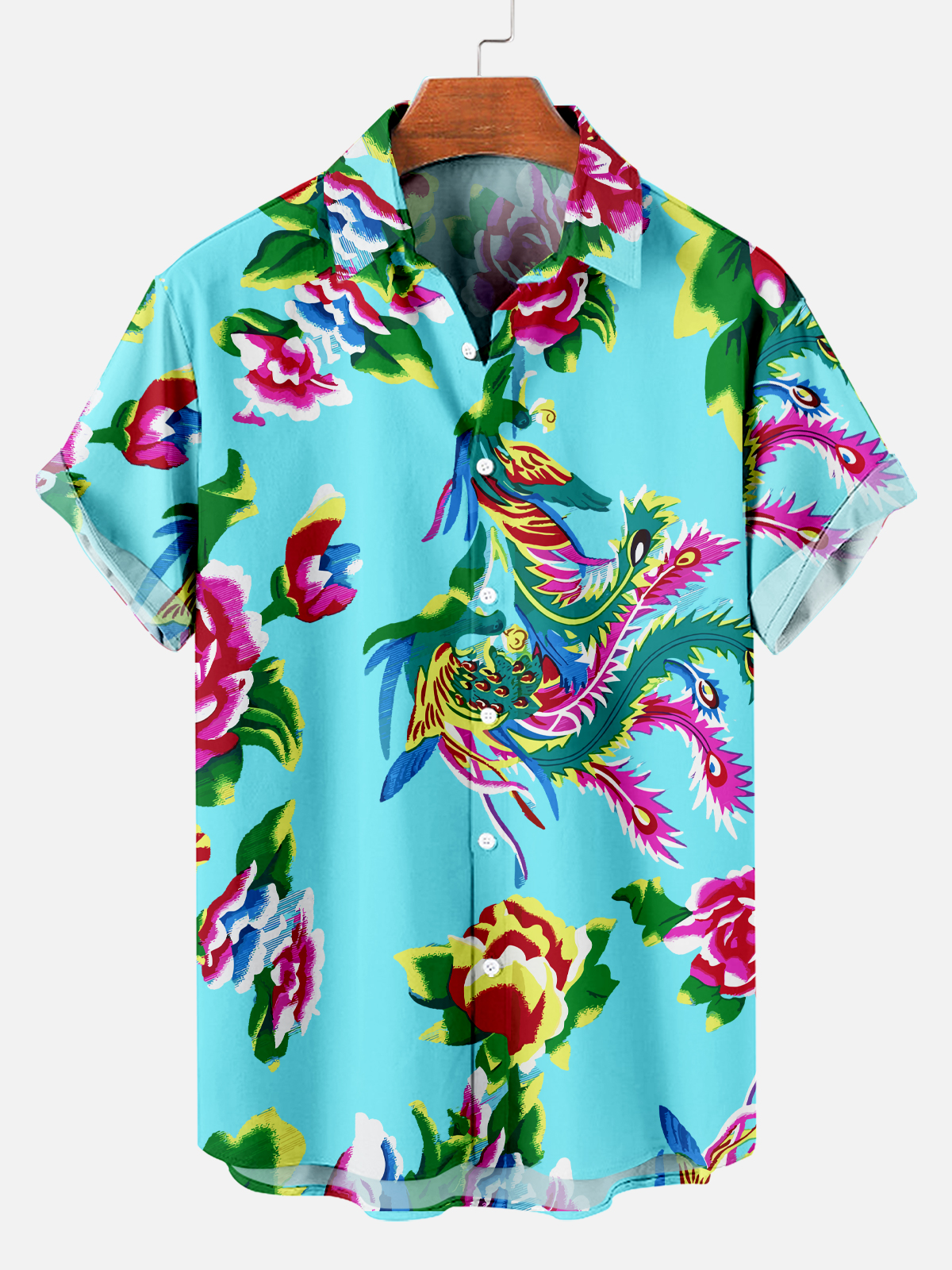 Men's Classic Northeast Flower and Phoenix Blue Casual Short Sleeve Shirt PLUSCLOTHESMAN